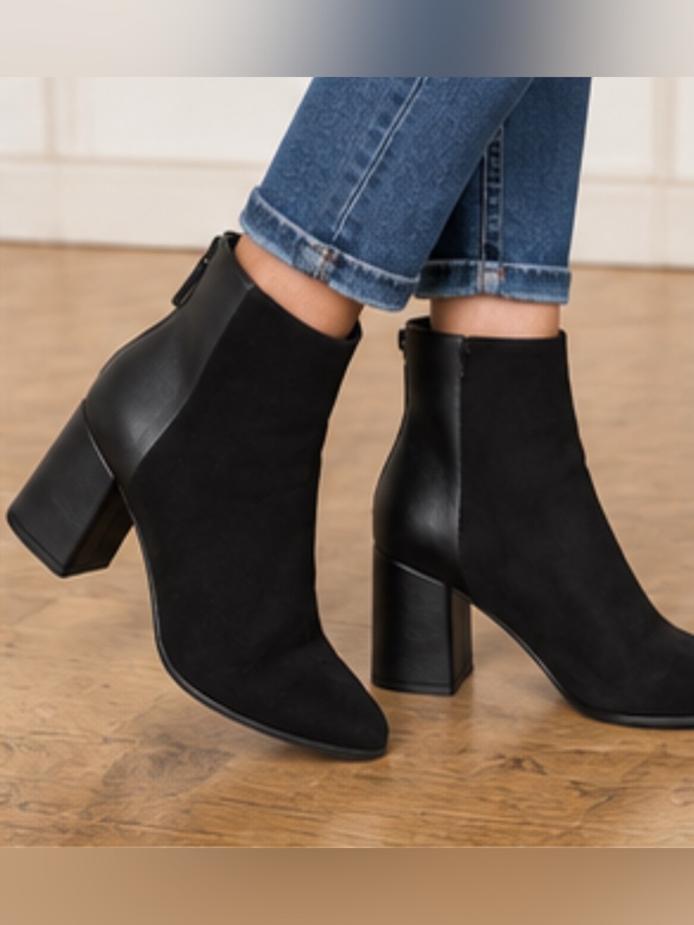 Old Navy Black Faux Suede Ankle Boots Block Heel Zip Booties